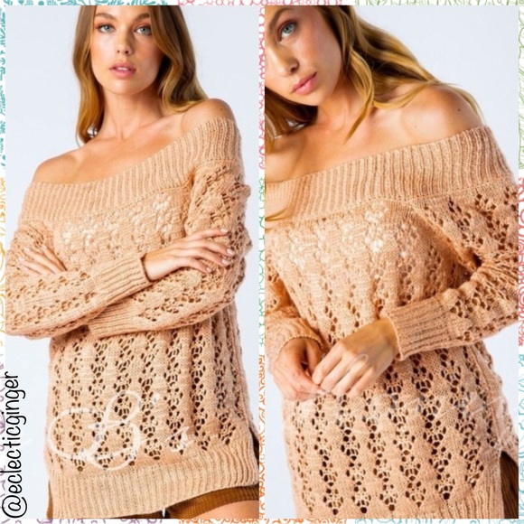 Eclectic Ginger Sweaters - Tan ‘Skin’ Open knit off shoulder long sleeve sweater Size S/M or M/L